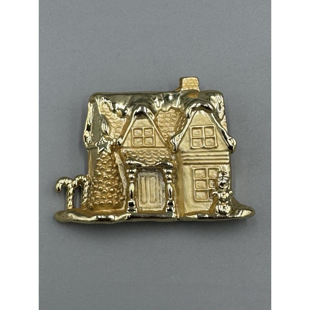 Vintage AJC Gold Colored Christmas Holiday Home Cottage Pin Brooch